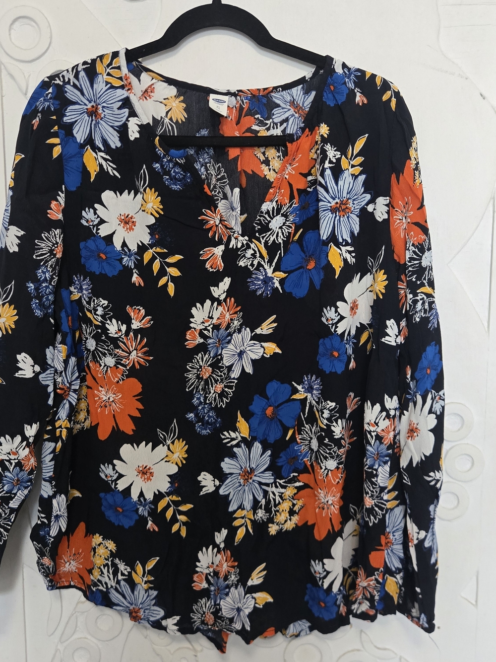 Old Navy Black Floral V-Neck Blouse with Blue, Orange & White Flowers